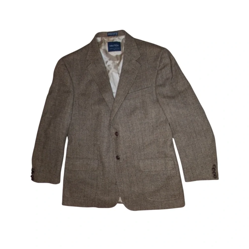 Nautica Options Wool Blazer Brown Herringbone Mens 44R Sport Coat‎ Jacket